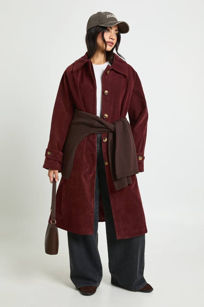 boohoo Dames Faux Suede Collared Longline Jacket | Wine | Maat: 8