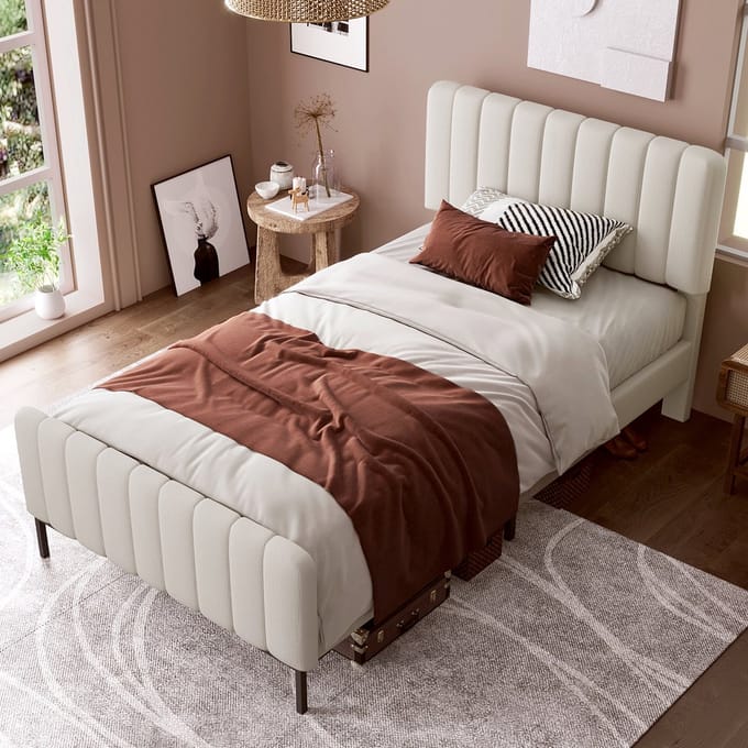 Sweiko Gestoffeerd bed - 90 x 200 cm - Eenpersoonsbed - Verstelbaar hoofdeinde - Linnen - Grijsbeige