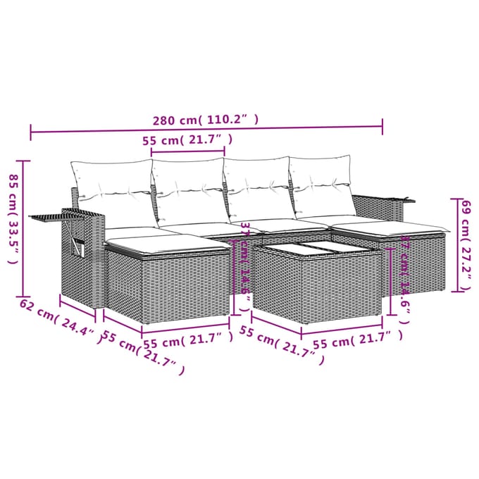 vidaXL 7-delige Loungeset met kussens poly rattan grijs