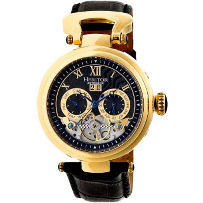 Heritor Automatic Ganzi Semi-Skelet Horloge met Leren Band - Goud/Zwart