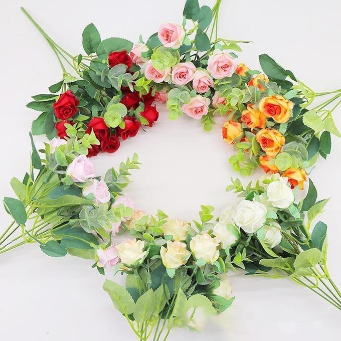 11 hoofden eucalyptus kleine roos woondecoratie bruiloft decoratie kunstbloem plastic bloem paars