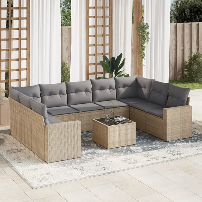 vidaXL - 10-delige - Loungeset - met - kussens - poly - rattan - beige