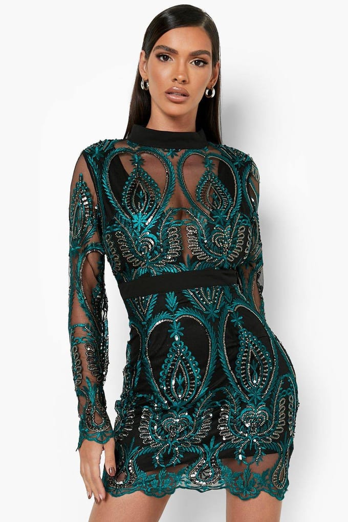 boohoo Dames Sequindamast cupped mini-feestjurk | Groente | Maat: 36