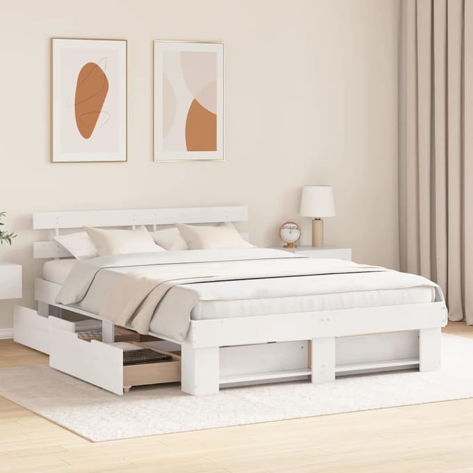 vidaXL - Bedframe - met - hoofdeinde - Wit - 160 - x - 200 - cm - Massief - grenenhout