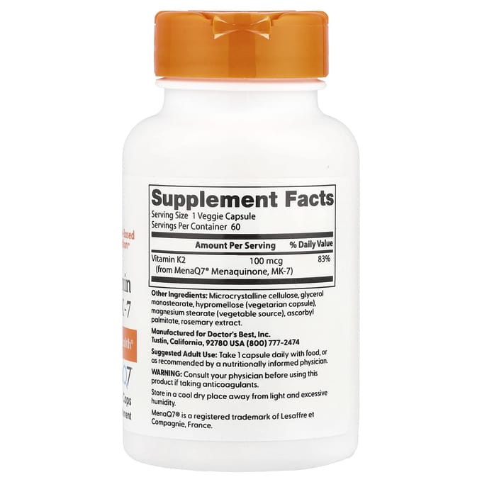 Doctor's Best, Vitamine K2 MK-7 naturelle avec MenaQ7, 100 mcg, 60 capsules végétariennes