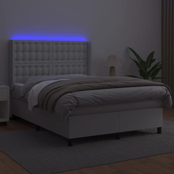 vidaXL - Boxspring - met - matras - en - LED - kunstleer - wit - 140x200 - cm