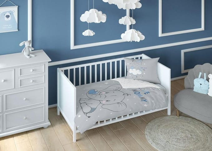 Kinderbeddengoed 90x120 cm - Olifant Blauw Grijs Katoen