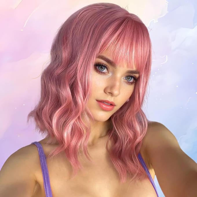 Cheveux courts bouclés roses avec frange, cheveux courts bouclés ondulés One size fits all adults rose