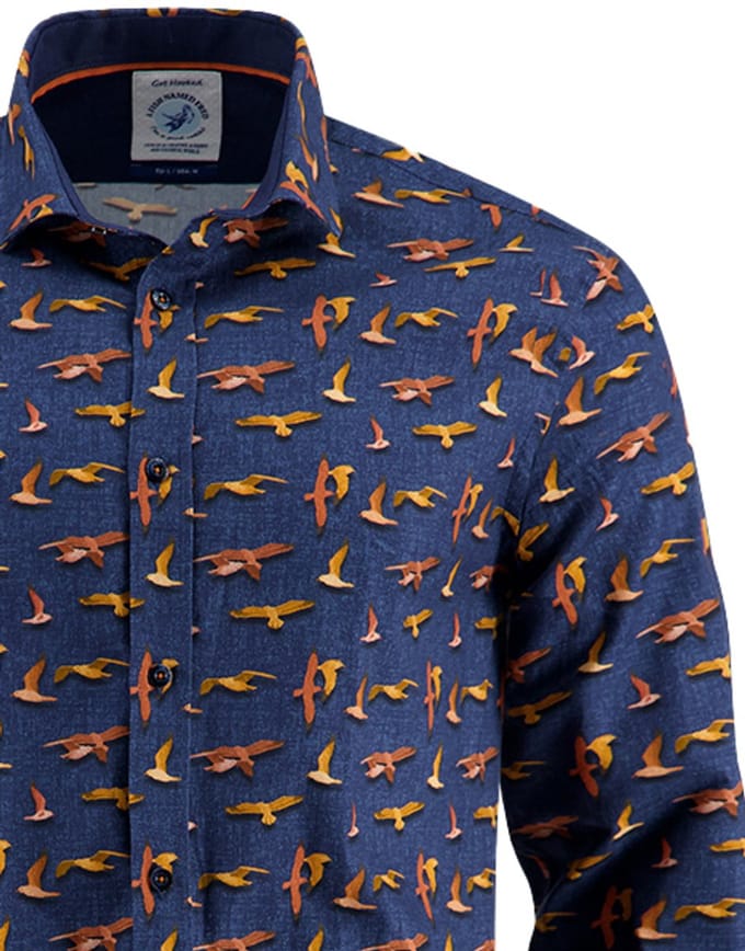 A Fish Named Fred overhemd donkerblauw geprint vogels
