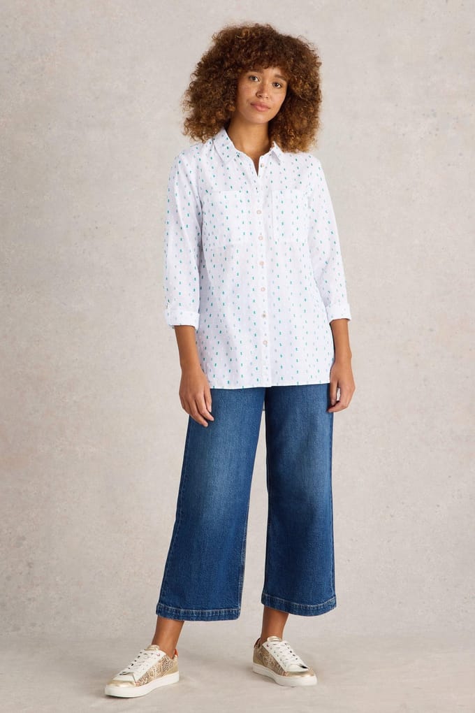 White Stuff Sophie Longline Cotton Shirt Ivory Multi Größe: 6 REGULAR | Longsleeves Outlet | Damen | Weiß