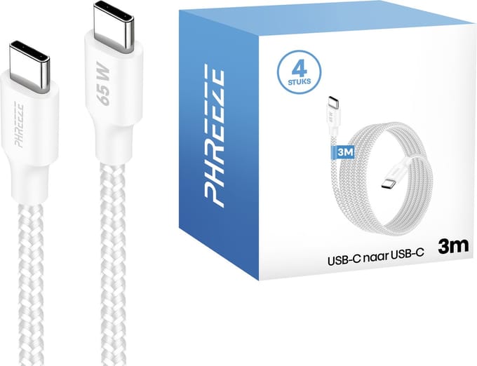 4x 65w usb C naar usb C kabel - Stevig nylon gevlochten - Snellader - 3 meter