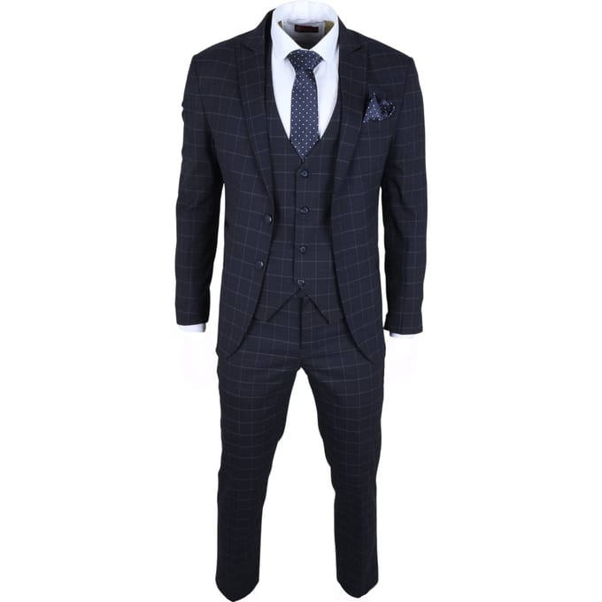 Heren Navy Geruit 3-delig Pak Slim Fit