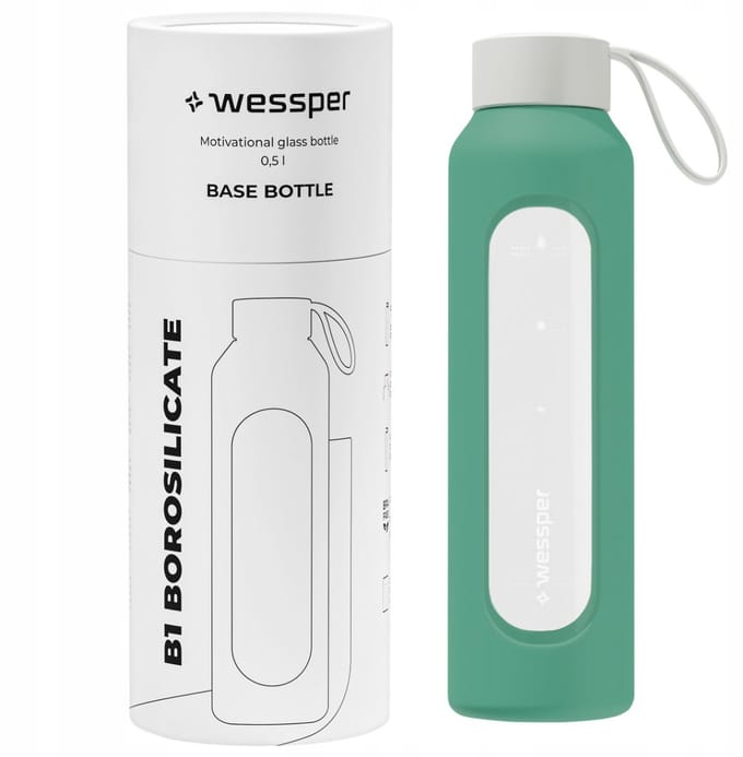 Glazen Motivatiefles 500ml – Duurzame Waterfles in Lagoon