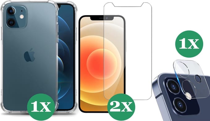 Hoesje geschikt voor iPhone 12 Mini Transparant Shock Case - 2x Screenprotector Glas + 1x Camera Screen Protector