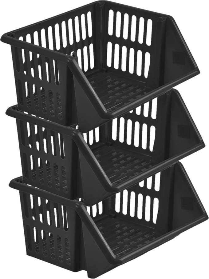Whitefurze Mand/organizer - 3x - stapelbaar - zwart - 35 x 29 x 17 cm