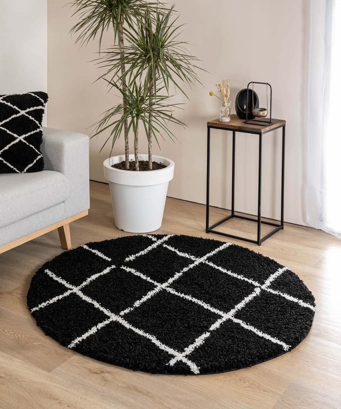 Rond hoogpolig vloerkleed ruiten Artisan - zwart/wit 200
