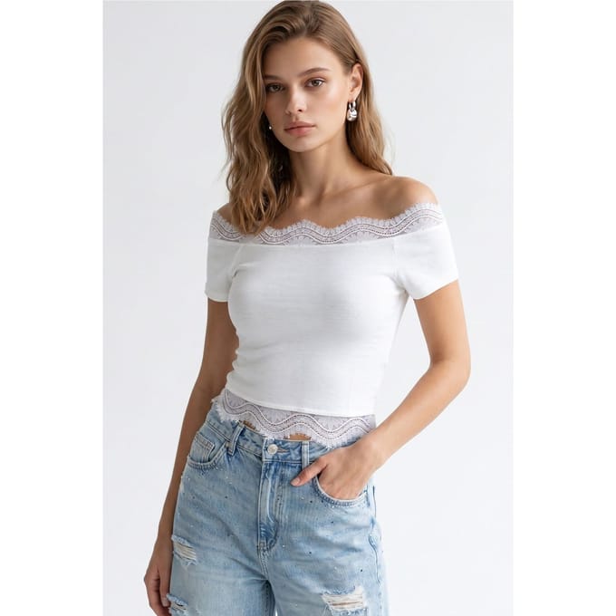 Geborduurde Slim-fit Boot Hals Croptop