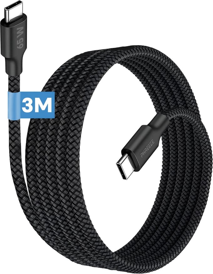 Usb C kabel 3 meter lang - 65w snellaadkabel - Usb C naar usb C - Oplaadkabel - Zwart - Phreeze