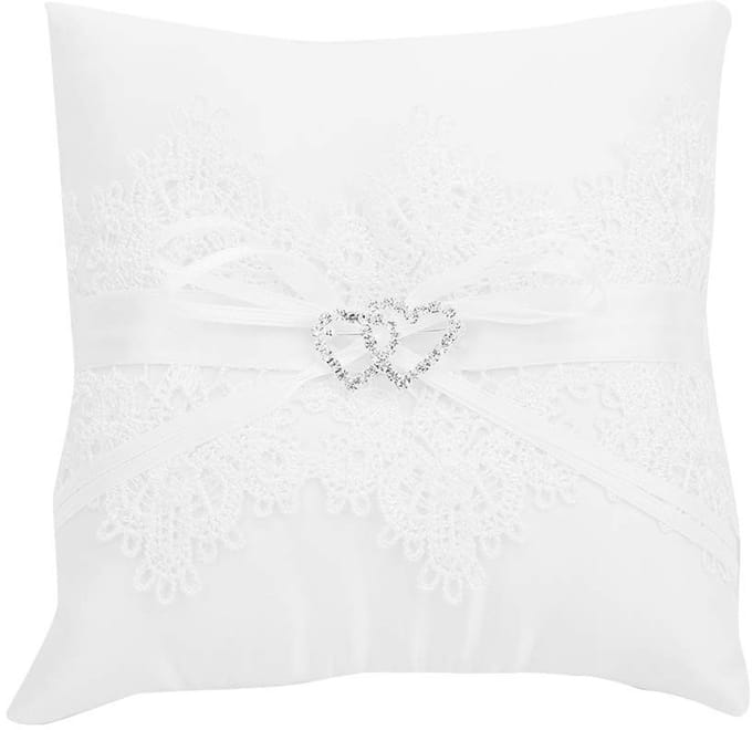 Dailygoods- Kussen Ivoor Satijn - Ringkussen - Bruiloft - Bloem Kussen - Strik - Parel Decoratie