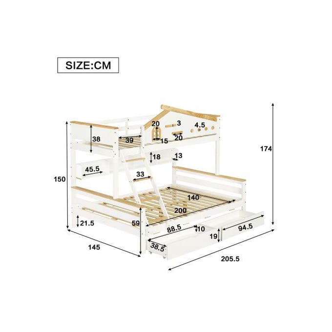 Stapelbed - MUVOE - 90x200cm & 140x200cm - Wit + Naturel - 2 lades - Schuine ladder wit