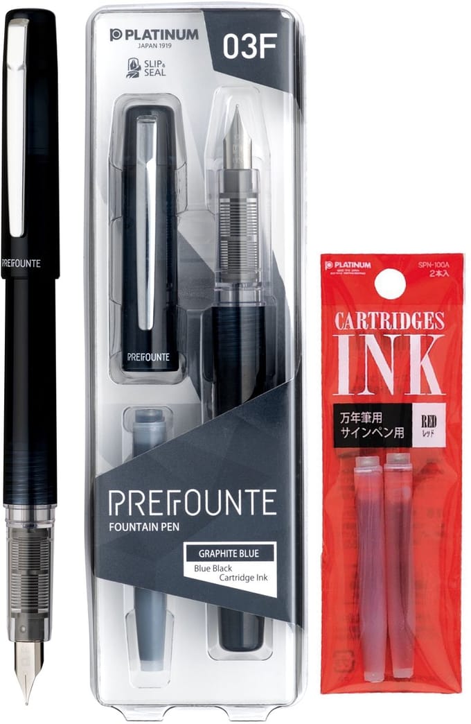 Platinum - Prefounte Vulpen - Medium - Graphite Blue - Met Rode vullingen