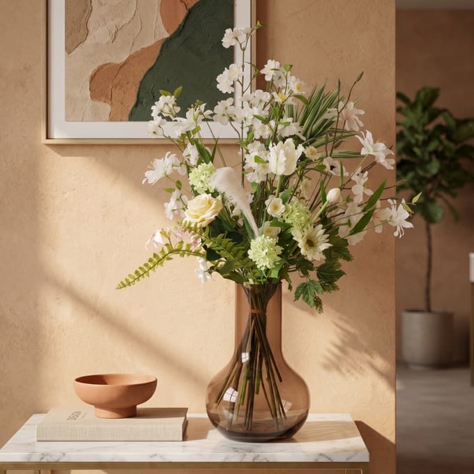 Handgebonden Kunstboeket Harmony Berlin - Wit/Groen 85cm