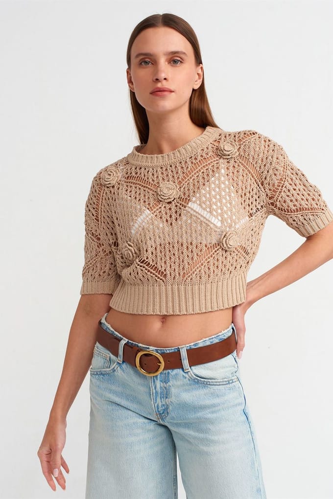 Dames Getextureerde Crop Crew Neck Trui