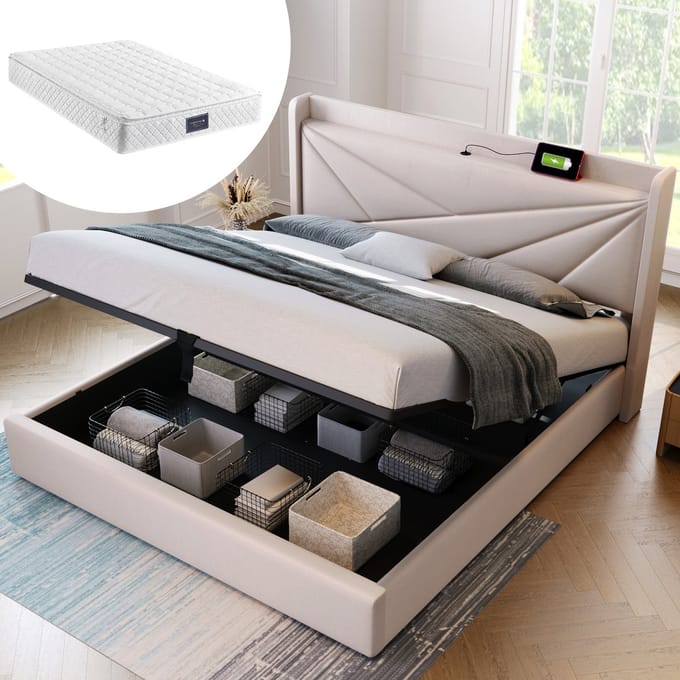 MODFU Bedframe 140x200 cm – Beige katoen-linnen met USB/Type-C – Hydraulisch – Incl. matras