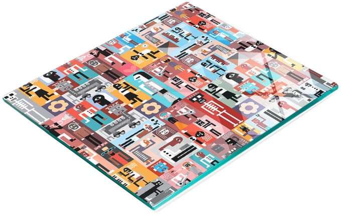 Multifunctioneel decoratief glazen keukenbord met afbeeldingen van mensen en robots, 60x52 cm