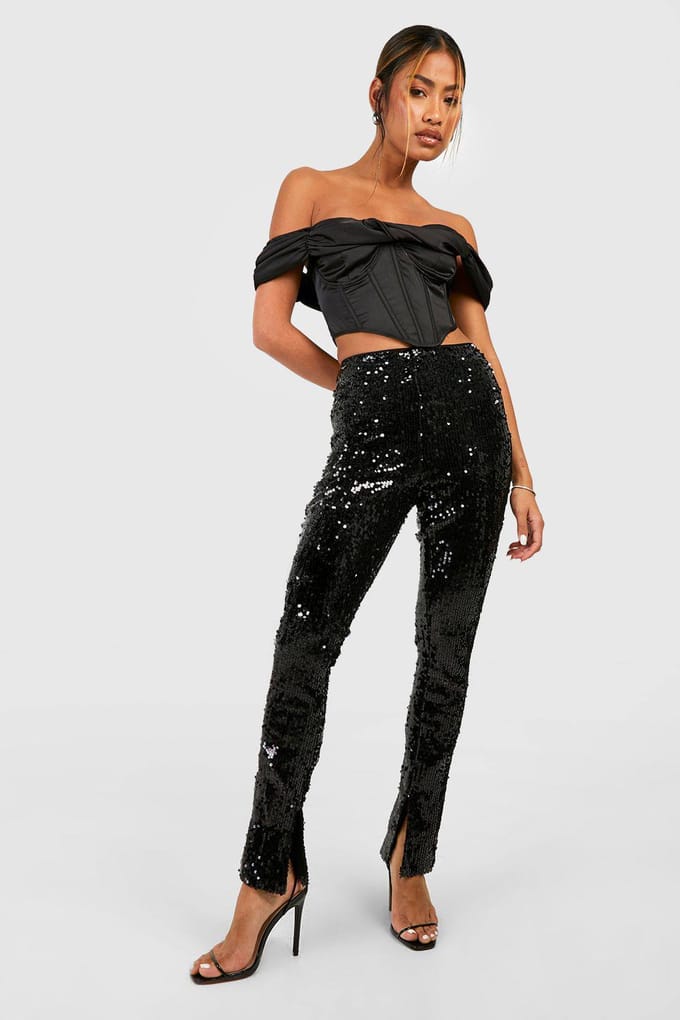boohoo Dames Paillettenbroek met medium taille en gespleten zoom | Black | Maat: 6