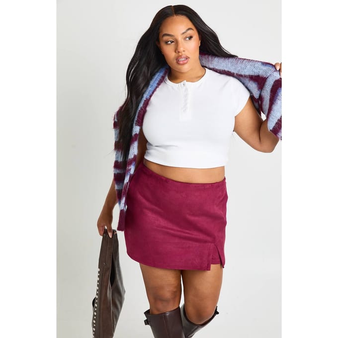 boohoo Dames Plus suede wikkel-skort | Burgundy | Maat: 22