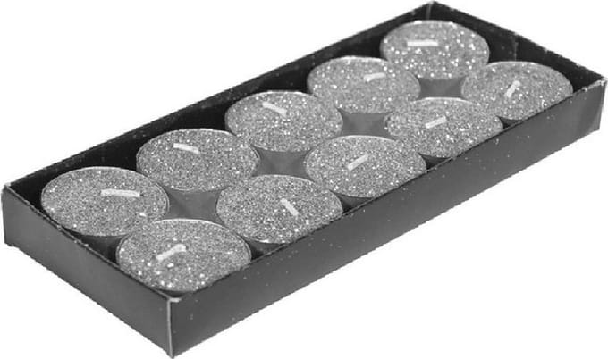 Gerimport theelichtjes/waxinelichtjes kaarsjes- 10x - zilver glitters 3,5 cm