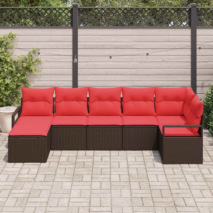 vidaXL - Bankstel - 7 - st - Bruin - en - Rood - poly - rattan
