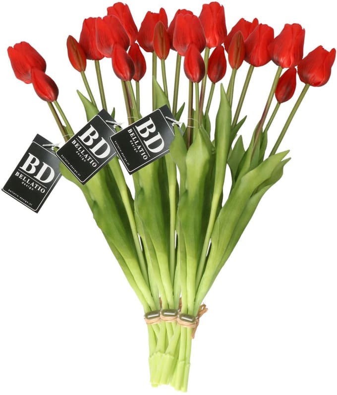 Bellatio Design Kunst tulpen boeket Sally - 21x stuks - rood - real touch - 47 cm