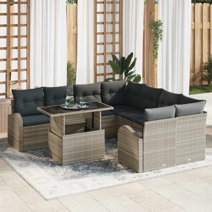 vidaXL Tuinbank Set met kussen met opslag 9 pcs Lichtgrijs Poly Riet