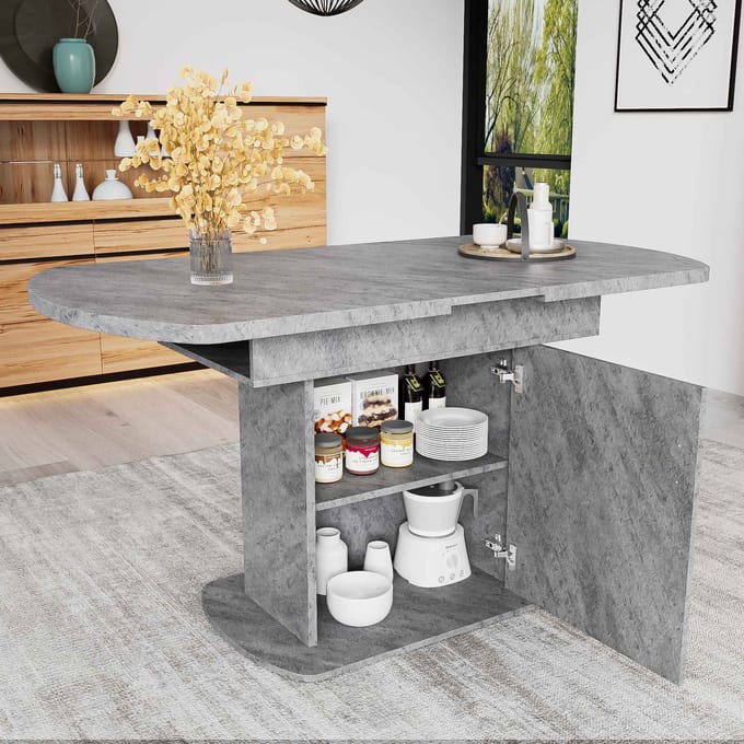 KOMHTOM Eettafel Uitschuifbare Ovale met Opbergruimte Zilver Handvat Multifunctioneel Grijs