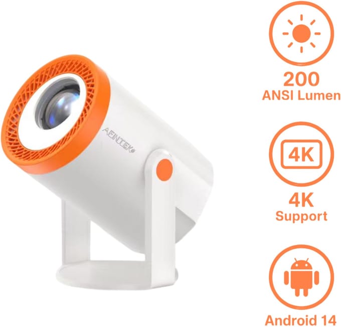 AFINTEK MB02 Pro Mini Beamer – Smart TV Projector met Android 14.0 – WiFi 6 & Bluetooth 5.2 – 200 ANSI Lumen – 4K Support – Wit