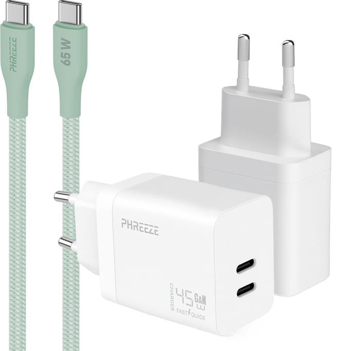 Phreeze usb C snellader 45w met usb C naar usb C kabel groen 1m - Dubbele usb C oplader - Fast charger