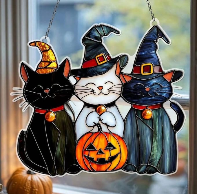 Hangend ornament acryl Halloween katten 15x14 cm