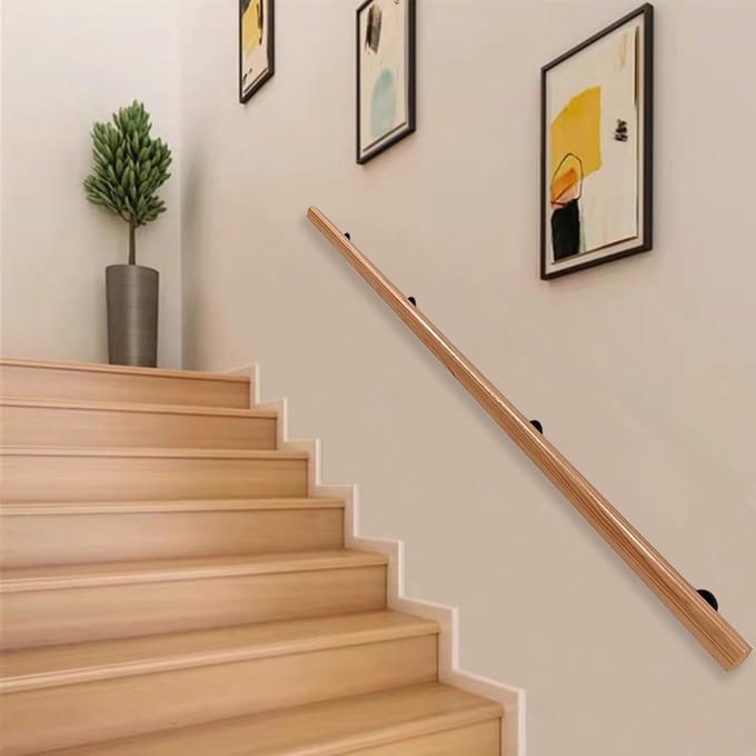 Houten Leuning Set - Trapleuning Steun - Veilig Trap Lopen - Massief Hout Ontwerp - 270 cm - Naturel