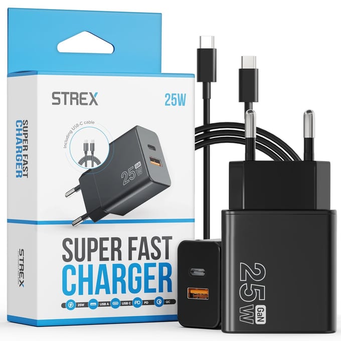 Strex USB-C & USB-A Snellader 25W - GaN Oplader met PD 3.0 & QC 3.0 - Inclusief USB C Kabel - Wit