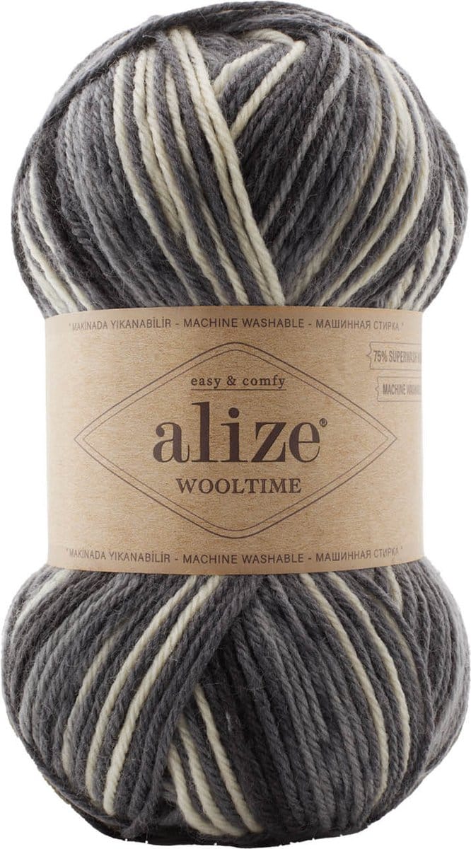 Sokkenwol Alize Wooltime - Easy & Comfy - Superwash - Zwart/Wit/Grijs