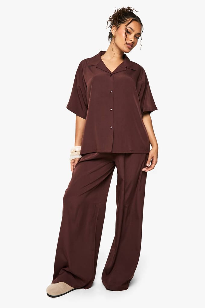 boohoo Dames Oversized Shirt Co-ord | Chocolate | Maat: 14