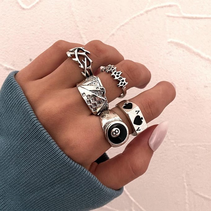 5-Delige Set, Ring Retro Schoppen A Kaart Ringen Creatieve Persoonlijkheid Gewrichtsring Set brown