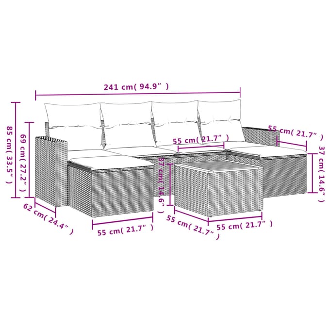 vidaXL - 7-delige - Loungeset - met - kussens - poly - rattan - grijs