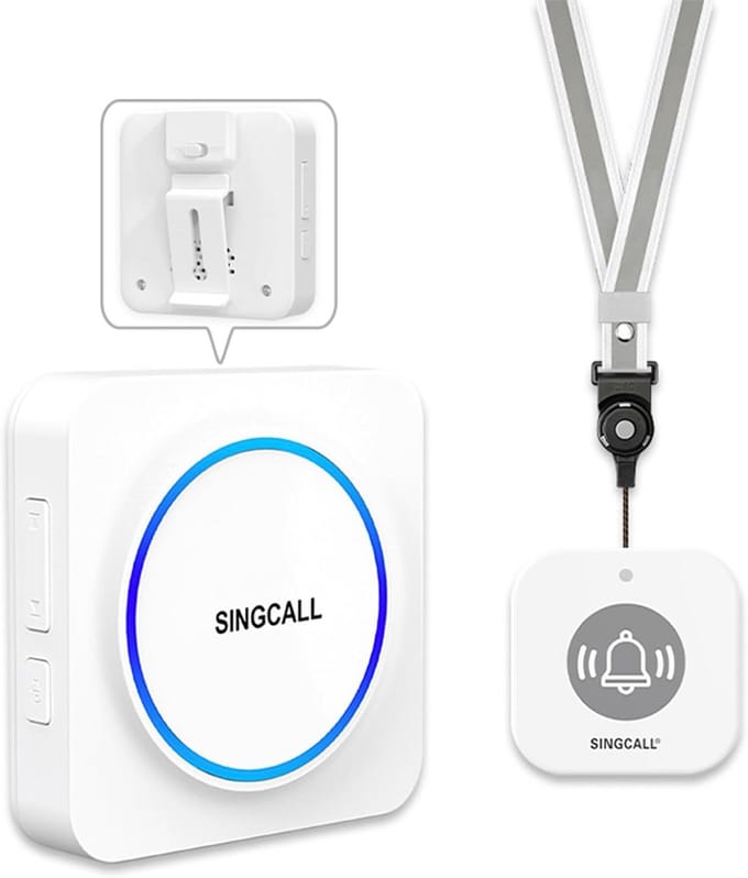 SINGCALL Emergency Call Button SOS Alarm Button Panic Button Wireless Alarm Home Emergency Call Nursing Call for Elderly/Seniors,32 Melodies&0-100dB Volume,1 Portable Receiver + 1 Call Button
