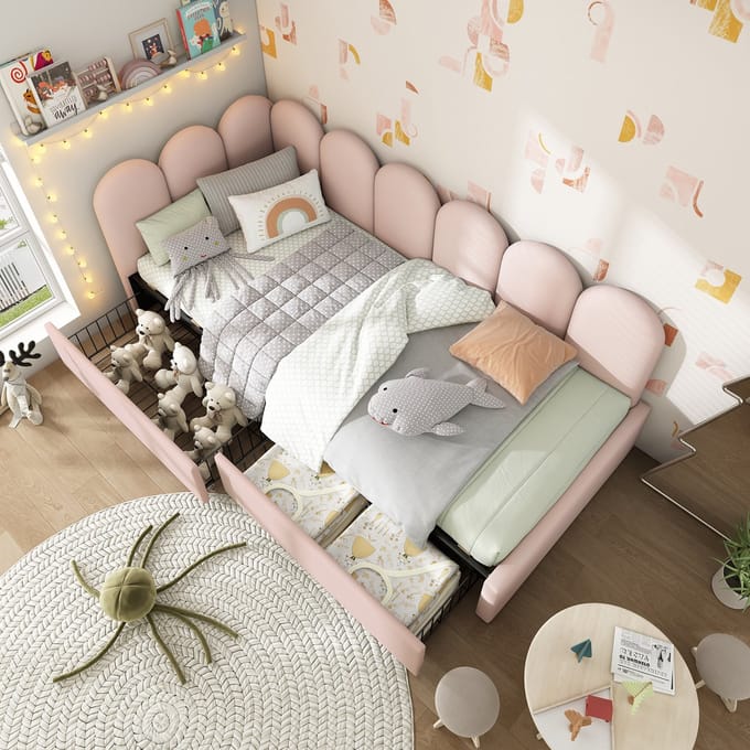 Opbergenkelbed 90x190cm - Lades, fluweel, roze, dagbed (zonder matras)