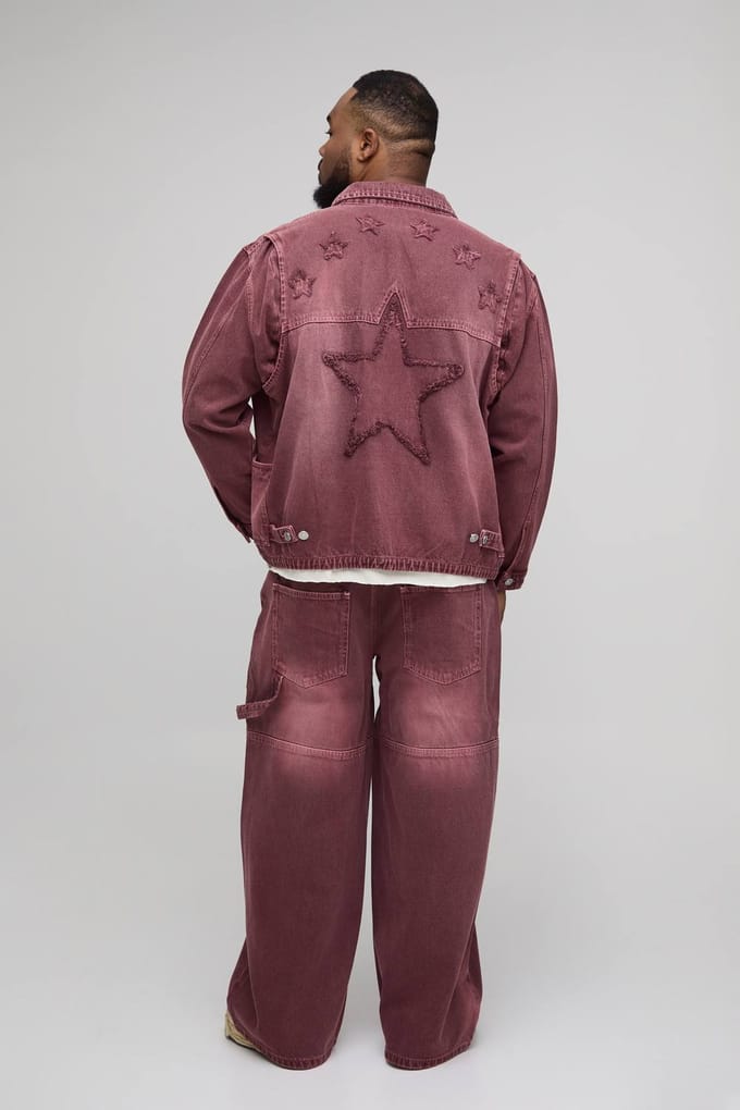 Plus Overdye Western Applique Denim Harrington Jacket | Red | Size 3XL
