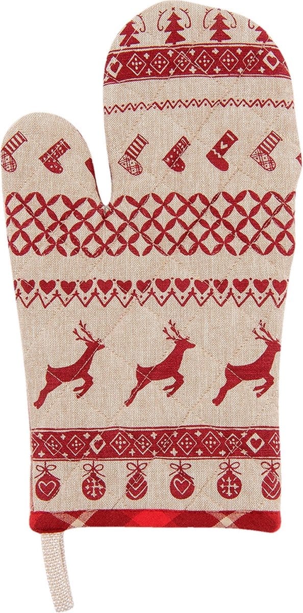 Clayre & Eef Ovenwant 16x30 cm Rood Beige Katoen Kerst Ovenhandschoen