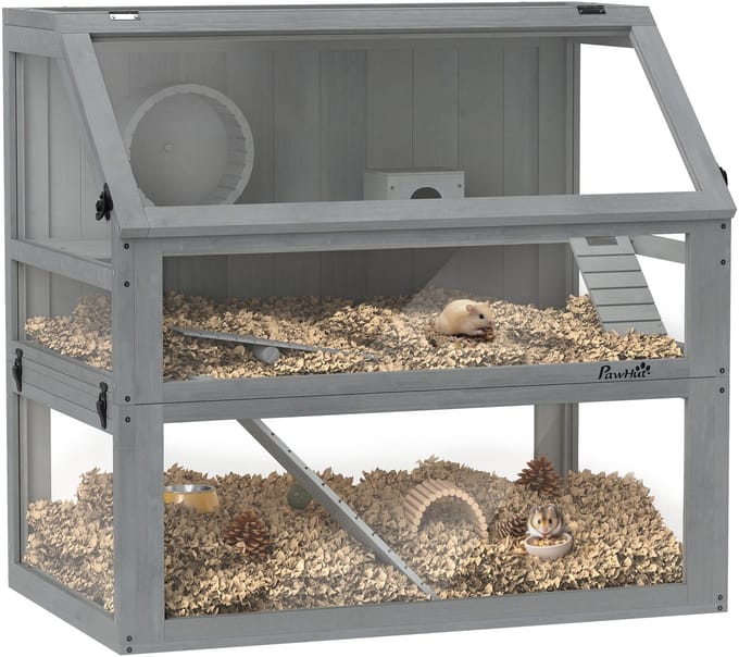 PawHut Hamsterkooi Hout met Acrylpanelen en Accessoires - Knaagdierkooi - Muizenkooi - Lichtgrijs